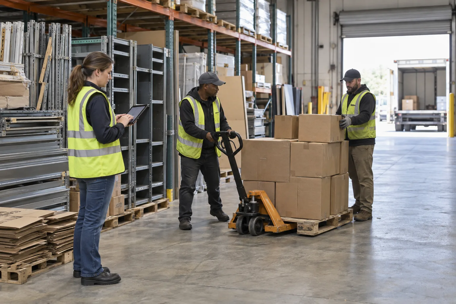 Illustrative warehouse surplus assessment with pallet jack and clear loading aisle